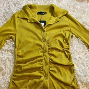 Chartreuse brushed rib long sleeve ruched shirt dress